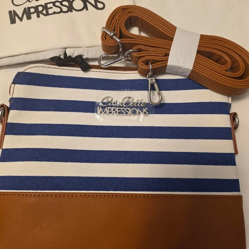 CoseBelle Impressions Blue White Striped Canvas Crossbody Bag Tan Vegan Leather - Picture 5 of 11